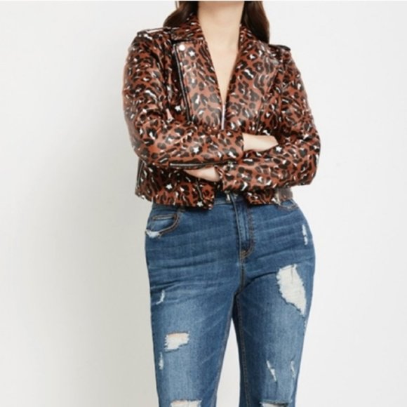 Eloquii brown speckled leopard print cropped moto jacket size 14 14P 14W - Picture 4 of 6